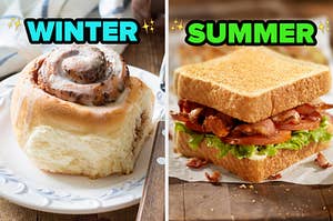 On the left, a cinnamon roll labeled winter, and on the right, a BLT labeled summer