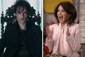 tom sturridge as the sandman sitting on a throne and karen from will and grace looking overjoyed
