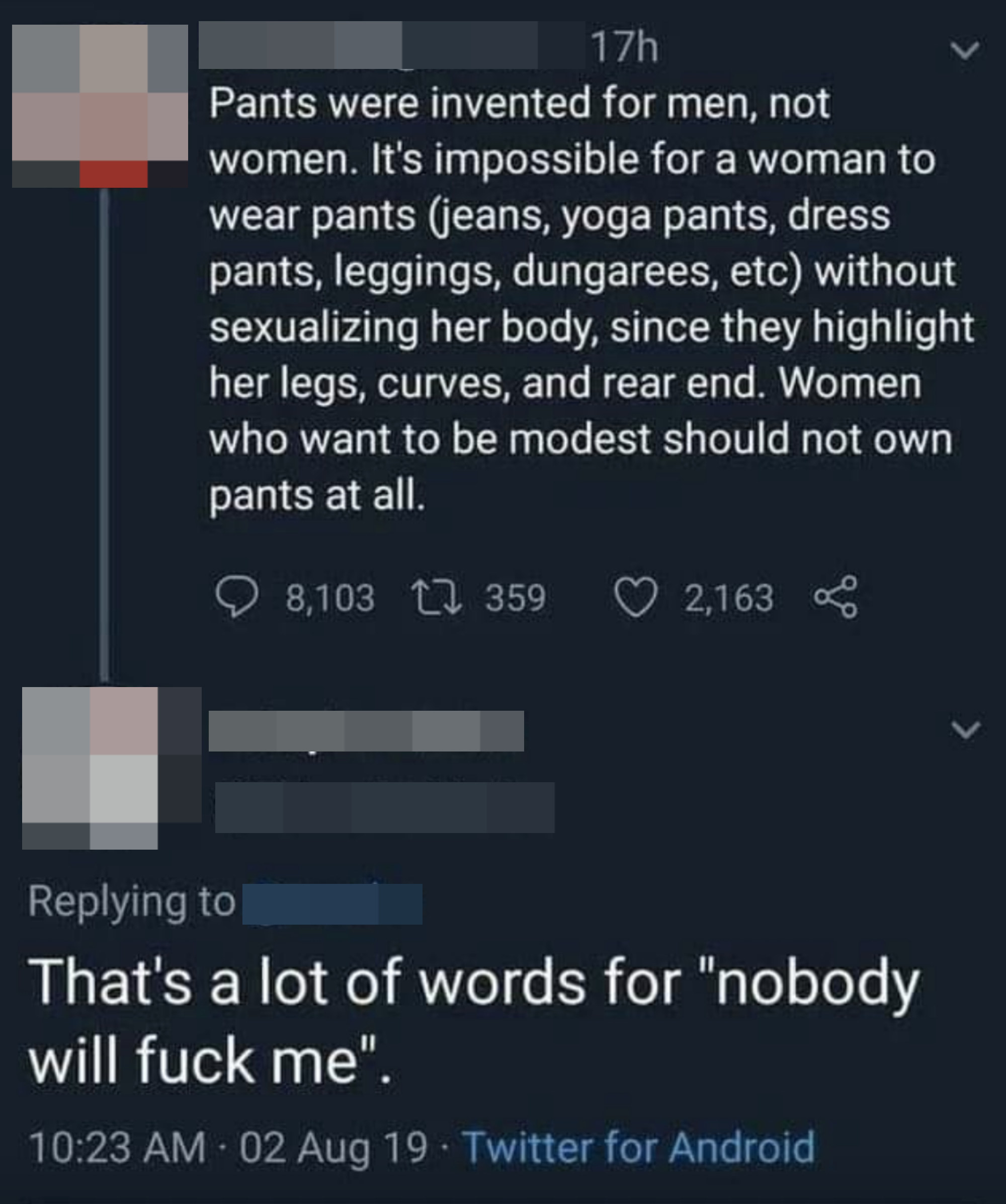 Screen shot of a comment from someone saying, &quot;pants are for men&quot;