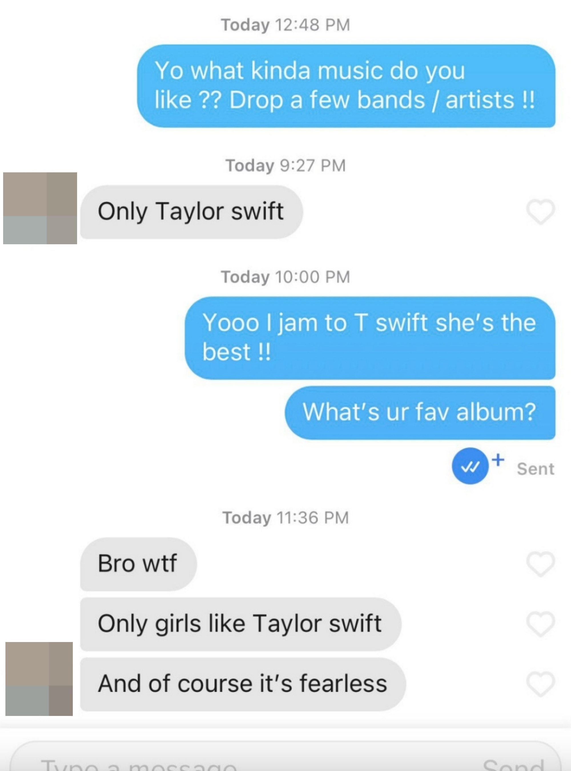 Text with someone saying, &quot;Only girls like Taylor swift&quot;