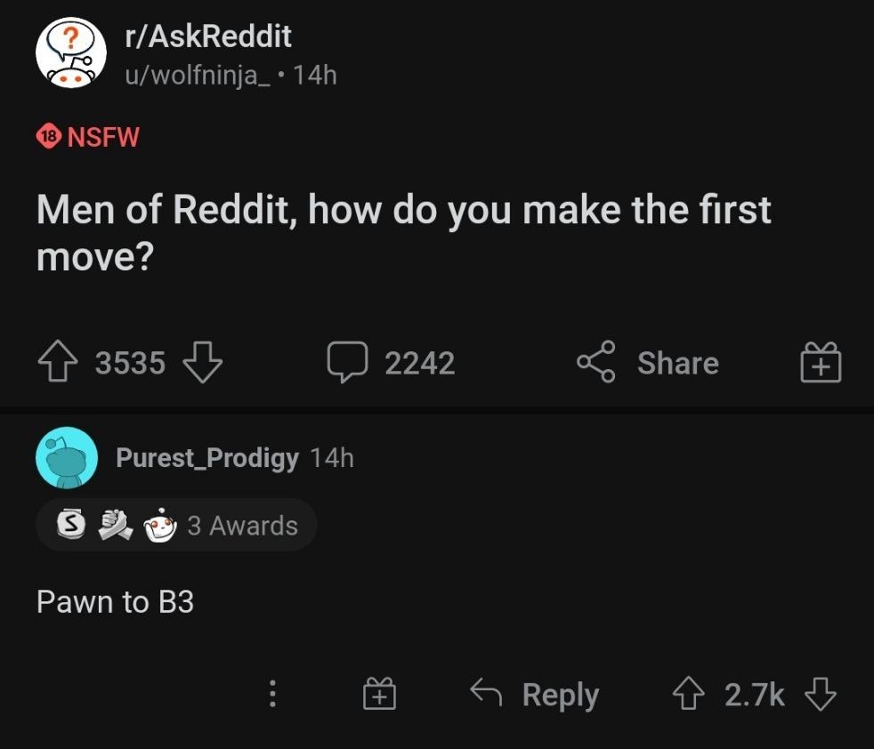 someone asks men how do you make the first move and someone responds pawn to b3