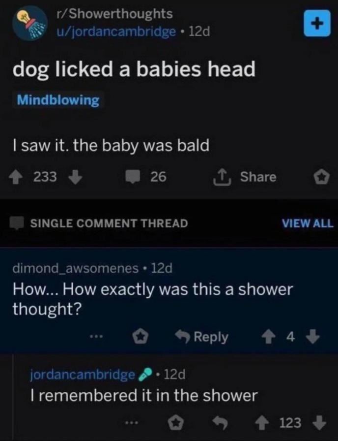 someone says dog licked baby head and someone asks how is that a shower thought and they say because i thought about it in the shower