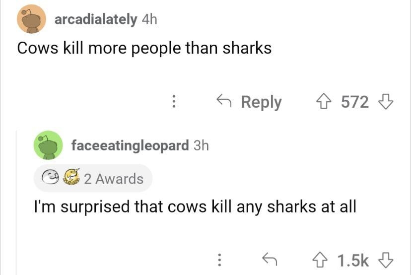 person says cows kill more people than sharks and someone says i&#x27;m surprised cows kill sharks at all