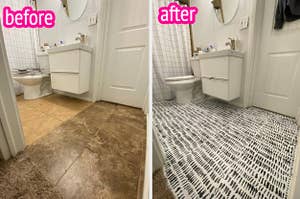 a before and after photo for vinyl floor tiles