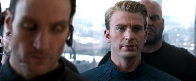 Steve Rogers standing in an elevator with secret HYDRA agents in &quot;Avengers: Endgame&quot;