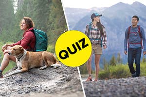 On the left is a hiker with an Osprey pack sitting with their dog and on the right are two smiling hikers on a trail