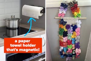 left image: magnetic paper towel holder for fridge, right image: macrame bow holder