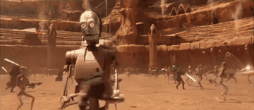 C-3PO&#x27;s head on a battle droid&#x27;s body, firing a blaster