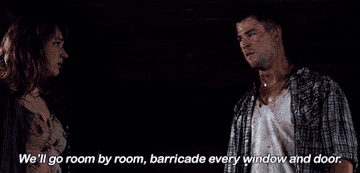 Chris Hemsworth as curt Vaughan saying &quot;Well go room by room, barricade every window and door&quot; in &quot;Cabin in the Woods&quot;