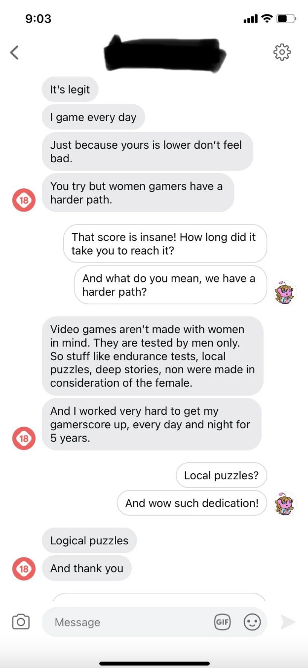 Text exchange where someone says, &quot;Video games aren&#x27;t made with women in mind.&quot;