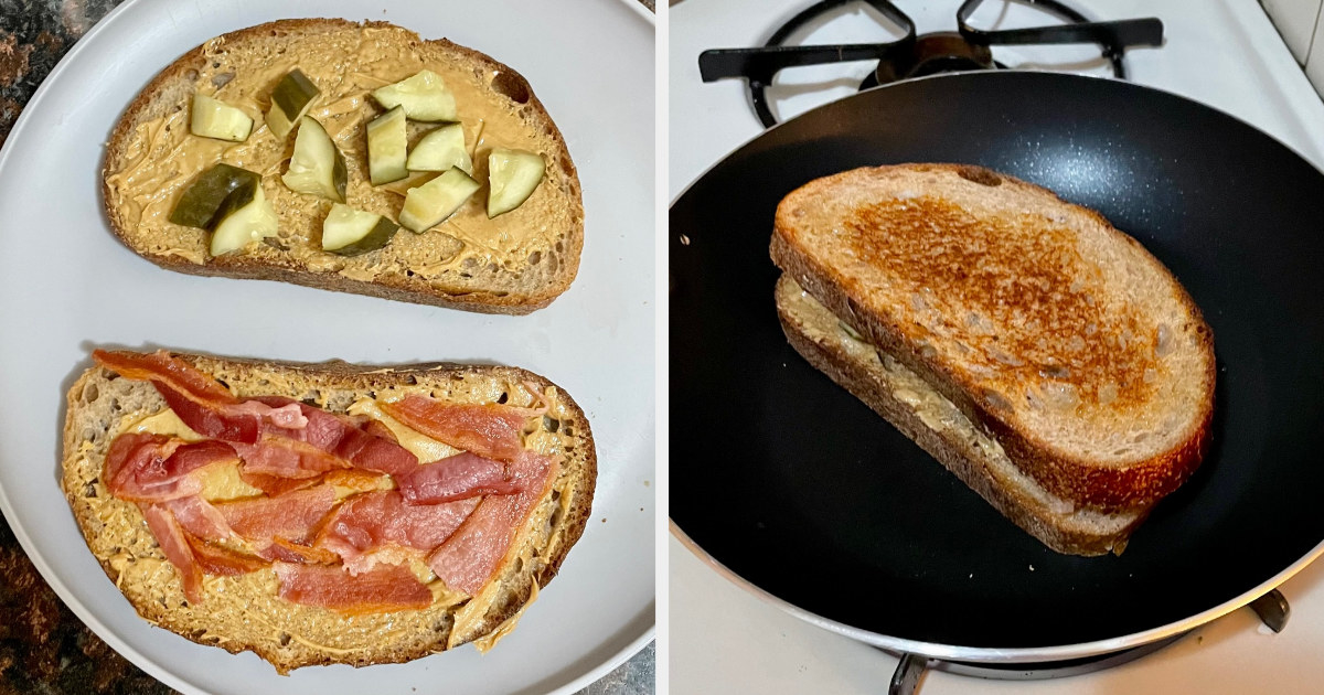 Peanut butter, bacon, and pickle grilled sandwich