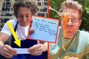 Arrow pointing to notecard with index card reading "family meal spaghetti," author holding up pasta outside