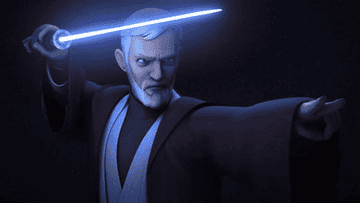 An older Obi-Wan wielding his lightsaber