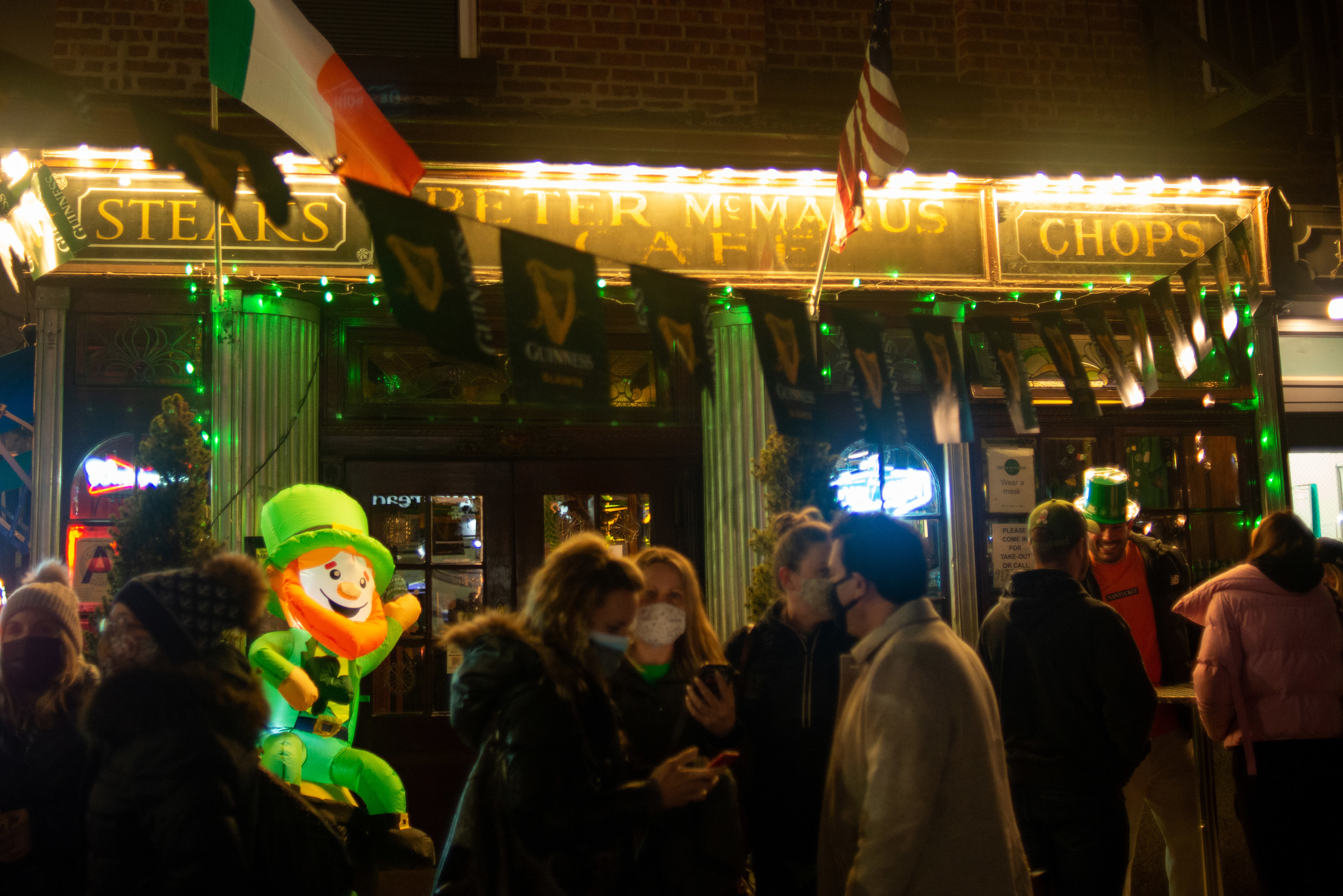 Outside of a pub on St. Patrick&#x27;s Day
