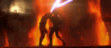 Anakin and Obi-Wan fight next to erupting lava