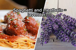 A bowl of spaghetti and meatballs and several stems of lavender flower
