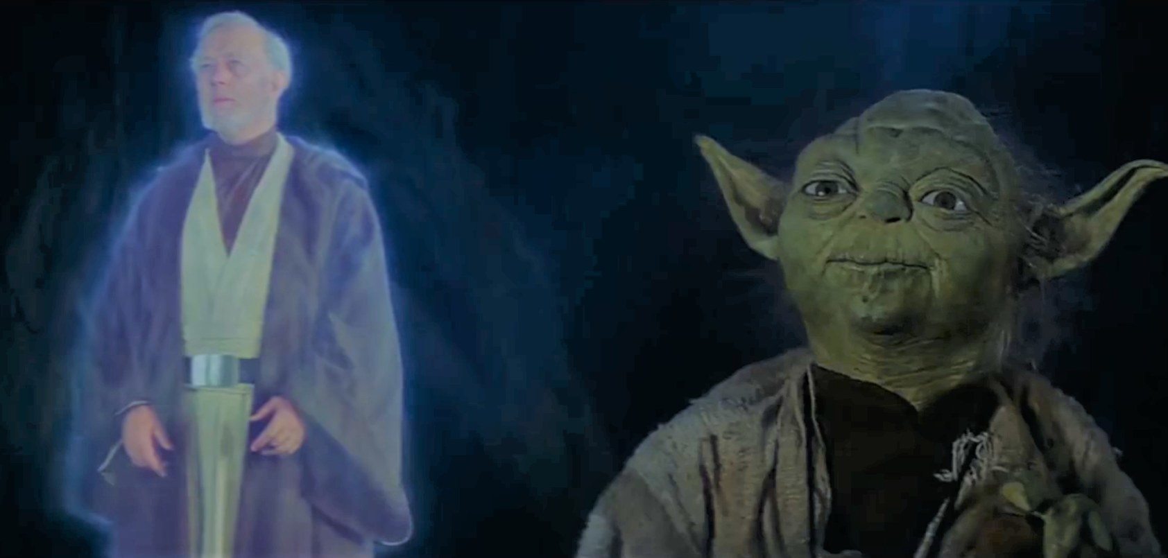 The Force ghost of Obi-Wan stands next to Yoda as they watch Luke fly away
