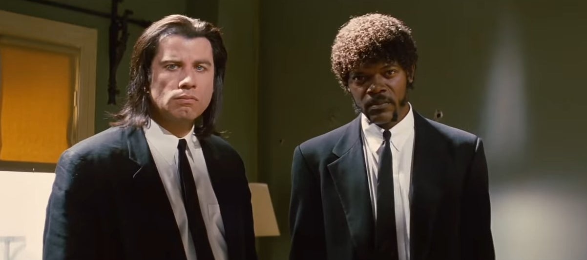 Vincent and Jules standing in an apartment suite in &quot;Pulp Fiction&quot;