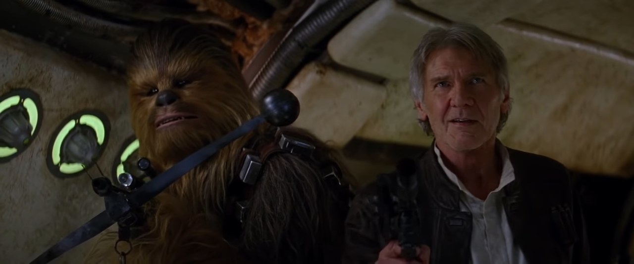 Han and Chewbacca in the Millenium Falcon in &quot;Star Wars - The Force Awakens&quot;