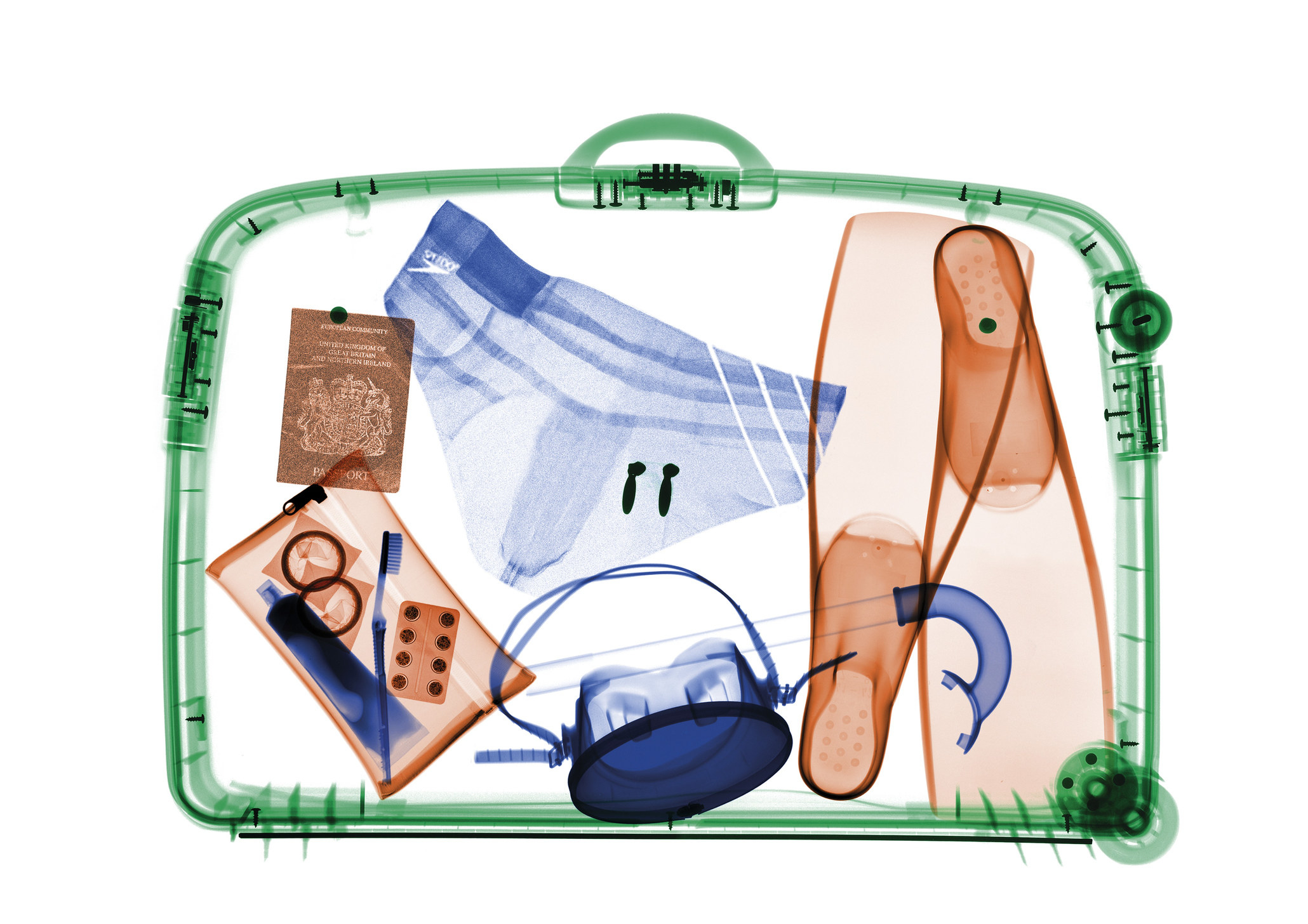 A TSA-scan of a travel bag with birth control and condoms inside