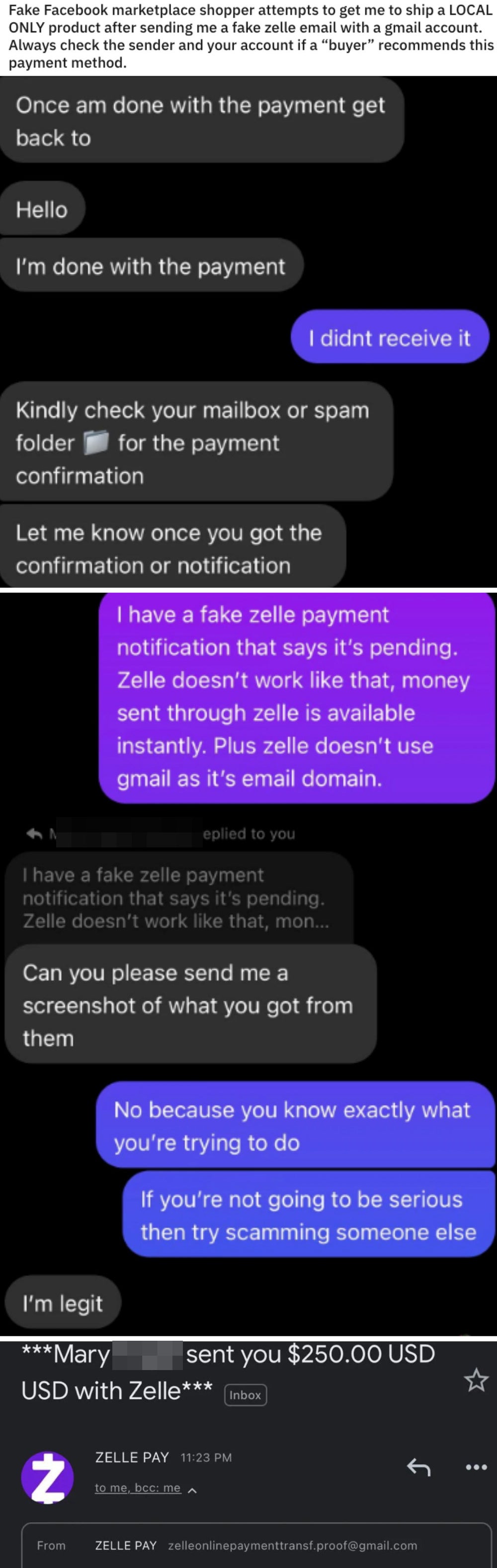 a person trying to scam someone with a fake Zelle email