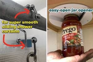 sliding shower curtain hook, person opening pasta sauce jar with under cabinet mounted opener