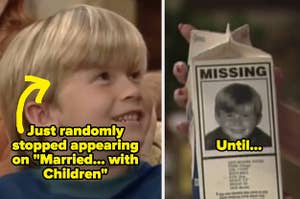 Seven on married with children labeled "Just randomly stopped appearing" then a photo of him on a milk carton labeled missing captioned "until..."