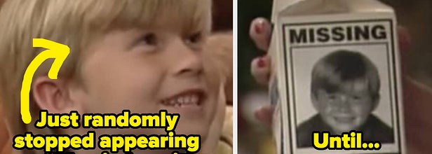 Seven on married with children labeled "Just randomly stopped appearing" then a photo of him on a milk carton labeled missing captioned "until..."