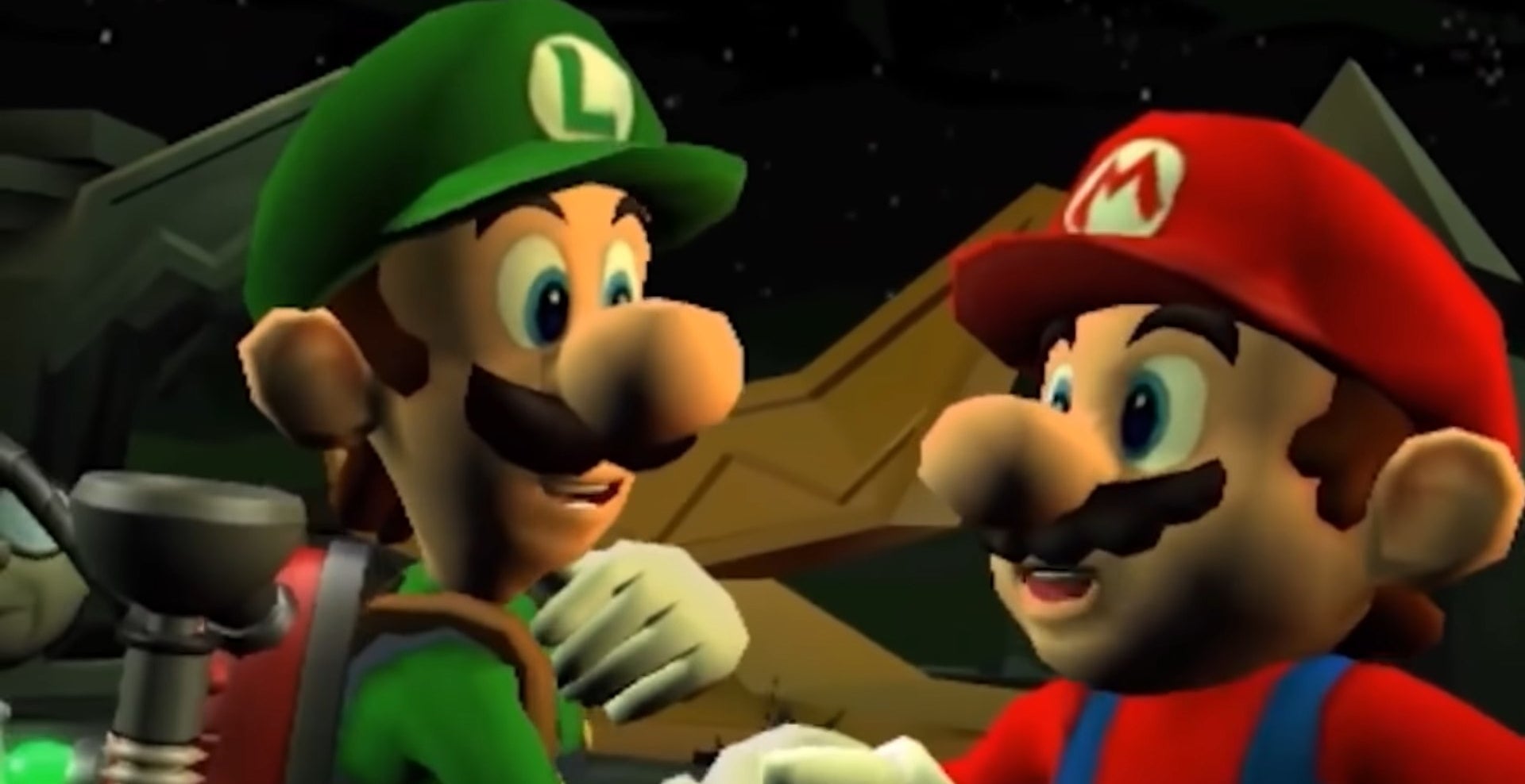 Mario shaking hands with Luigi in &quot;Luigi&#x27;s Mansion 2: Dark Moon&quot;