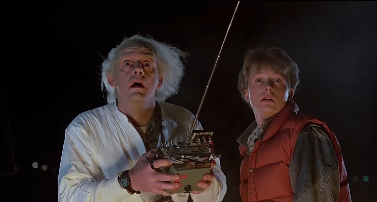 Doc Brown and Marty looking back after the Delorean vanished in &quot;Back to the Future&quot;
