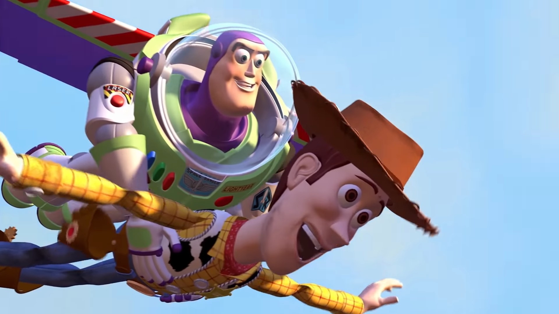 Buzz and Woody flying together in &quot;Toy Story&quot;