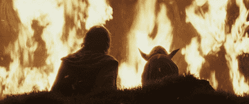 Yoda and Luke watch fire burn