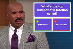 Steve Harvey crinkling his face next to a screenshot of the question what's the top number of a fraction called