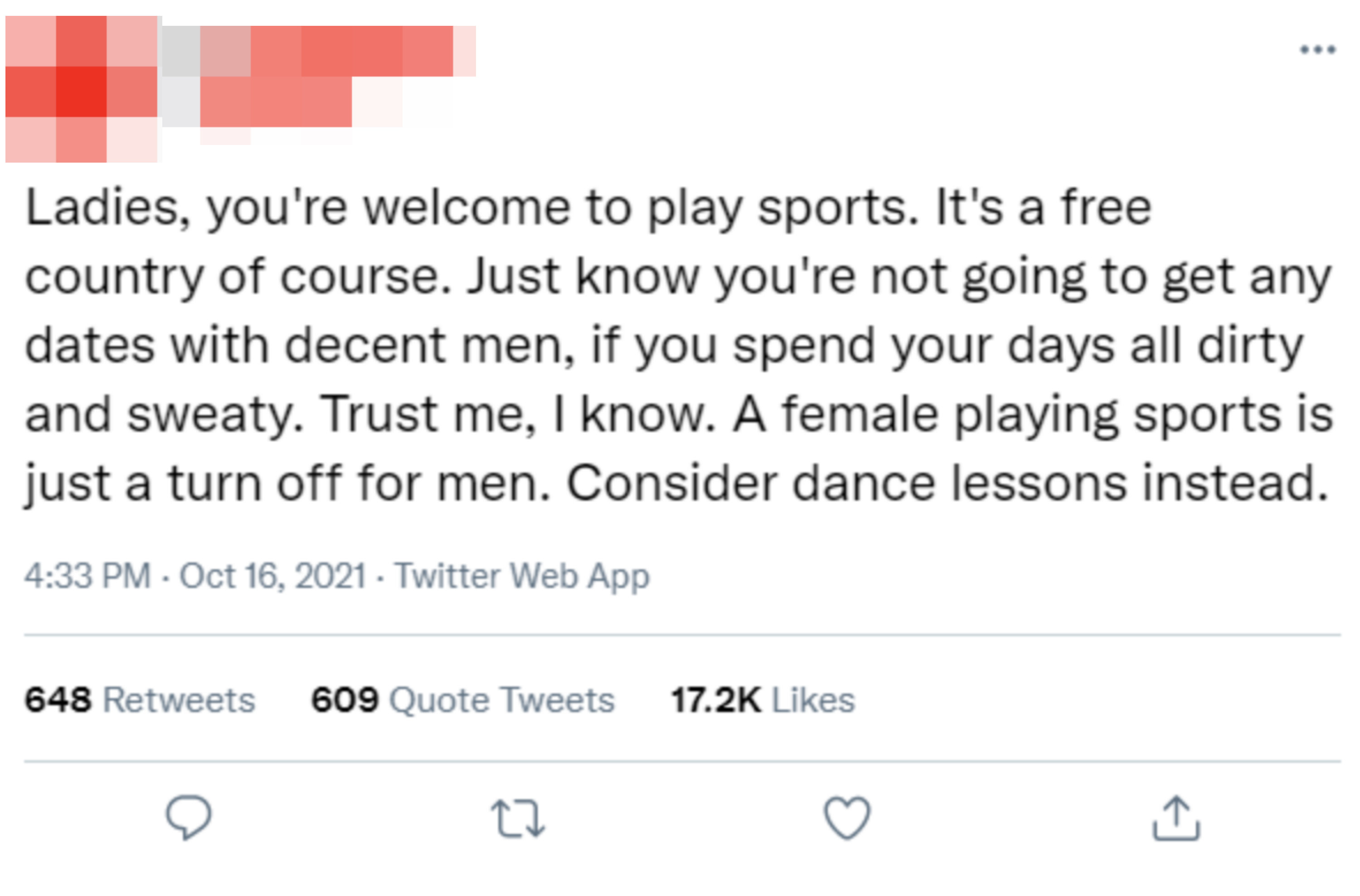 Tweet saying, &quot;A female playing sports is just a turn off for men.&quot;