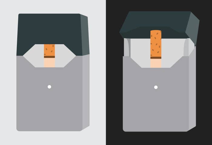 A diptych illustration: On the left is a juul pod, and on the right, the juul pod&#x27;s top mouthpiece section seems to be opening to reveal that it&#x27;s a cigarette pack with a single cigarette