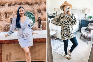left: reviewer wearing off the shoulder belted blue sweater dress in front of hay.right: reviewer mirror selfie in bedroom wearing leopard print sweater dress.