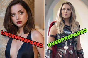 Ana de Armas in no time to die labeled "underprepared" and natalie portman in thor: love and thunder labeled "overprepared"