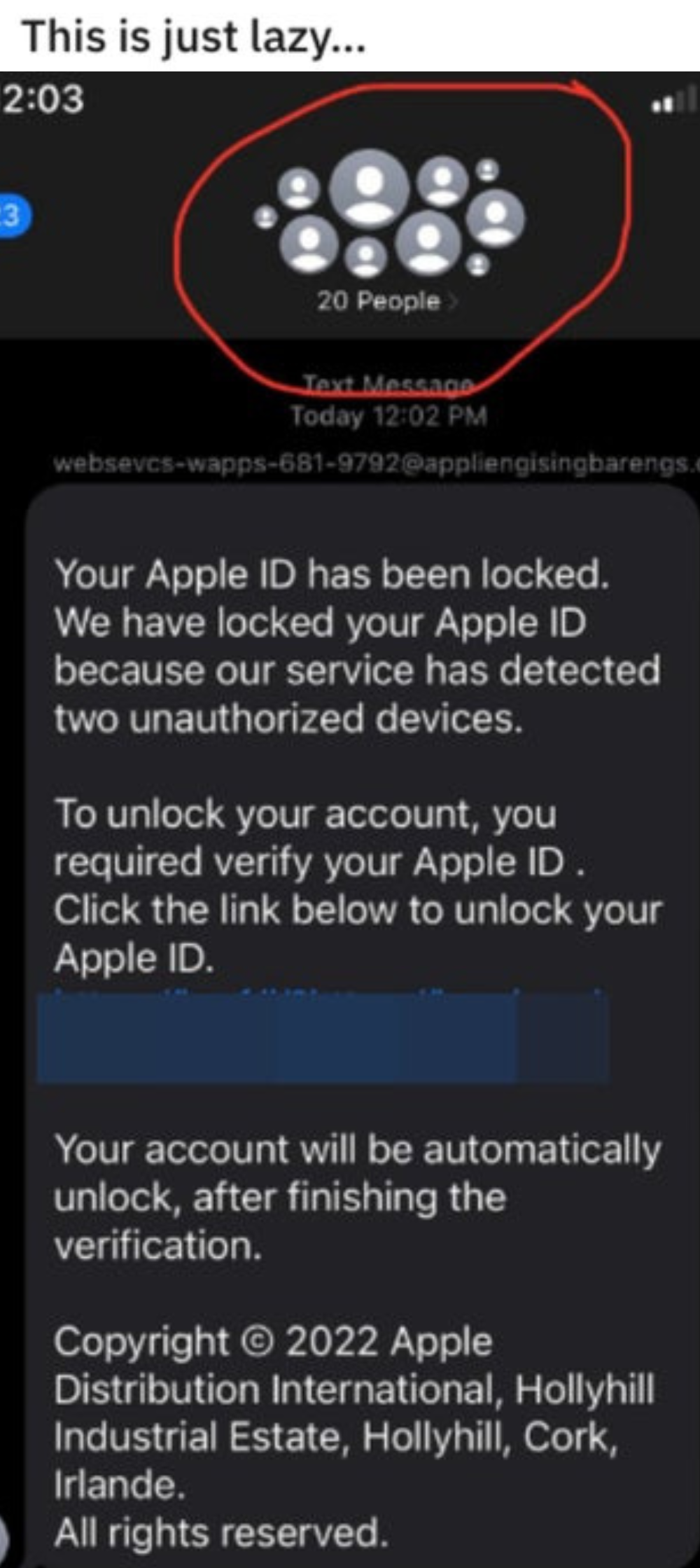 group message that an Apple ID was locked and it &quot;will be automatically unlock&quot;