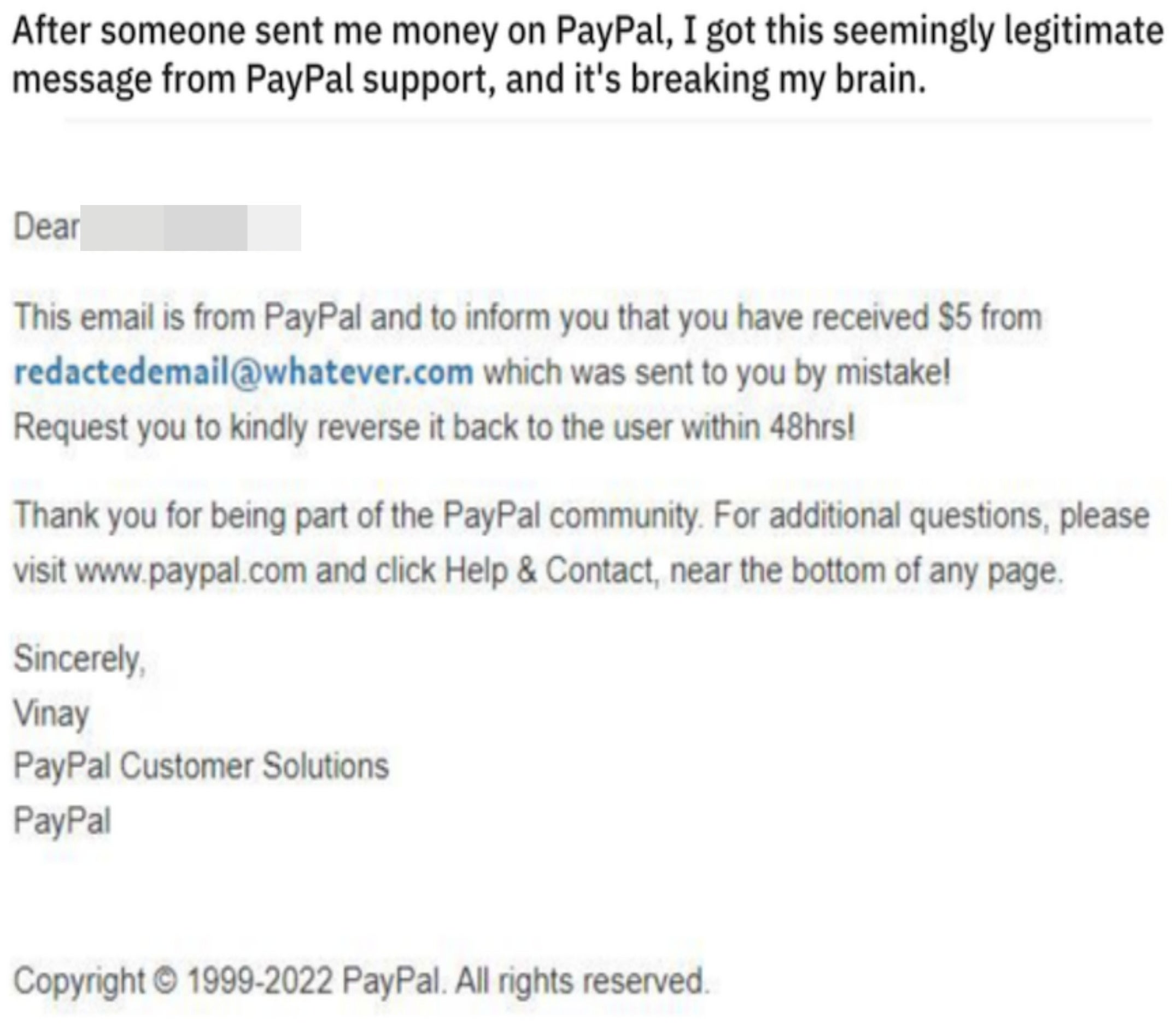 PayPal message that someone was sent $5 accidentally and needs to pay it back