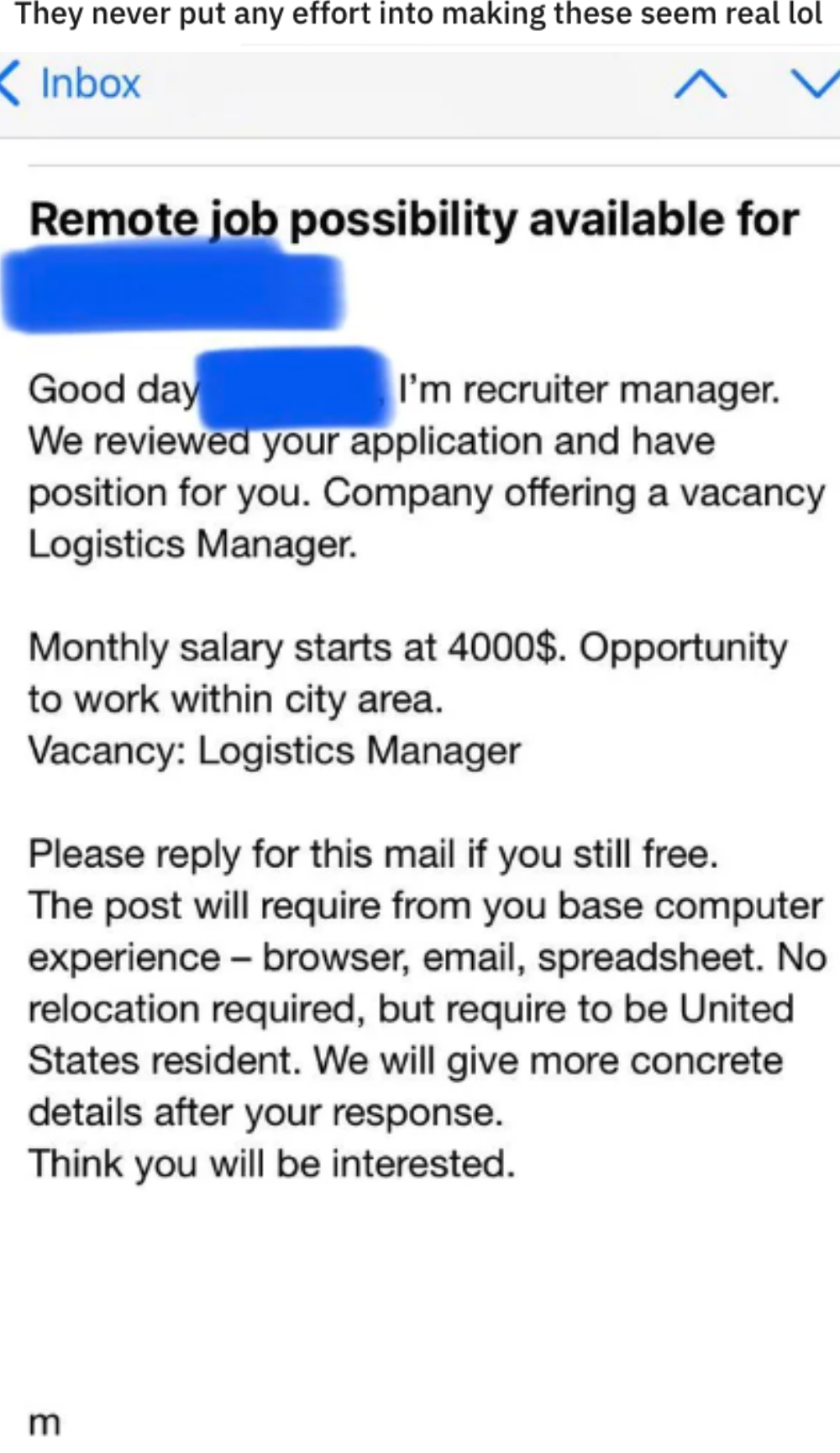 a person sending a job listing and saying they&#x27;re &quot;recruiter manager&quot;