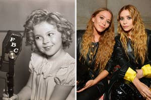 Left: Shirley Temple poses with a microphone Right: The Olsen twins pose