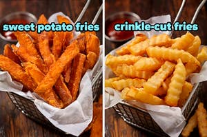 On the left, some sweet potato fries, and on the right, some crinkle-cut fries