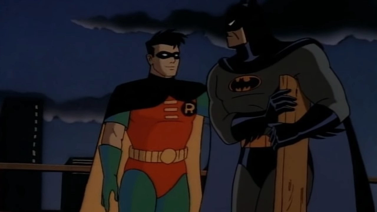 Robin and Batman standing together on a pier in &quot;Batman: The Animated Series&quot;