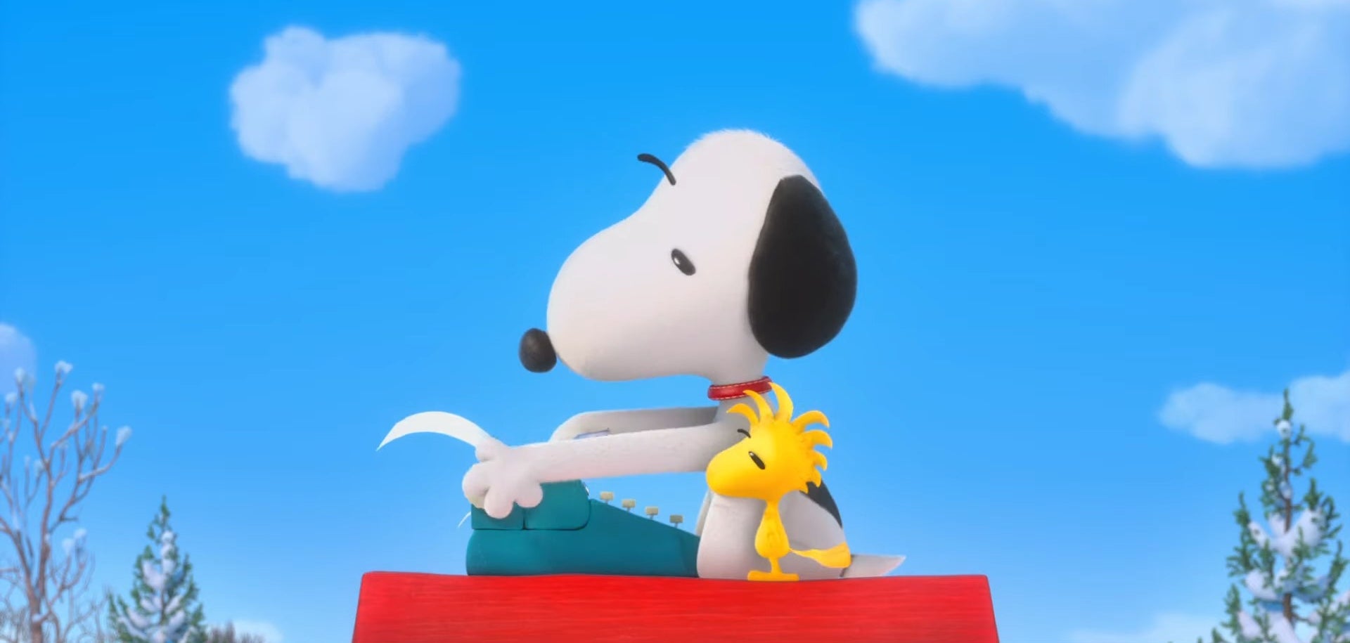 Snoopy and Woodstock looking at a typewriter in &quot;The Peanuts Movie&quot;