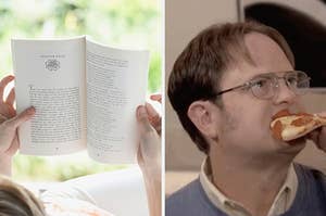 On the left, someone reading a book, and on the right, Dwight from The Office eating a slice of pepperoni pizza