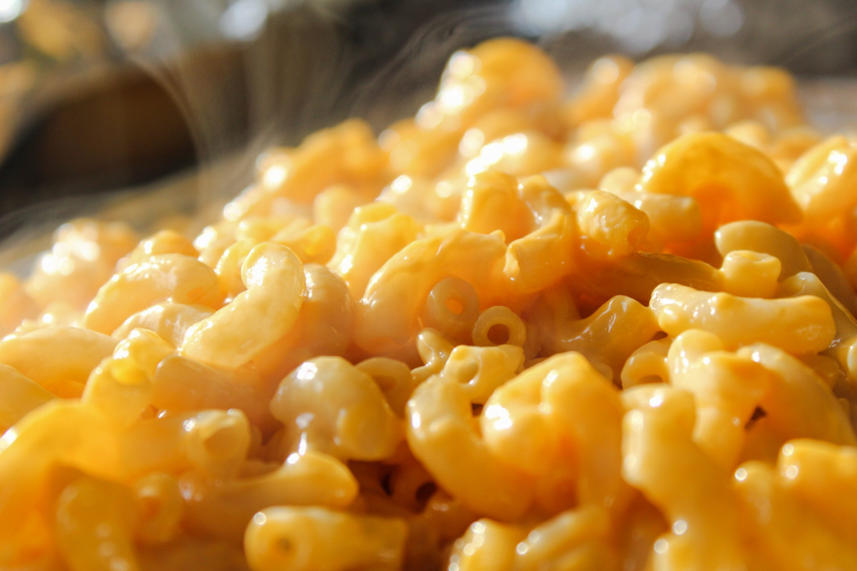 Steaming hot macaroni and cheese close up.