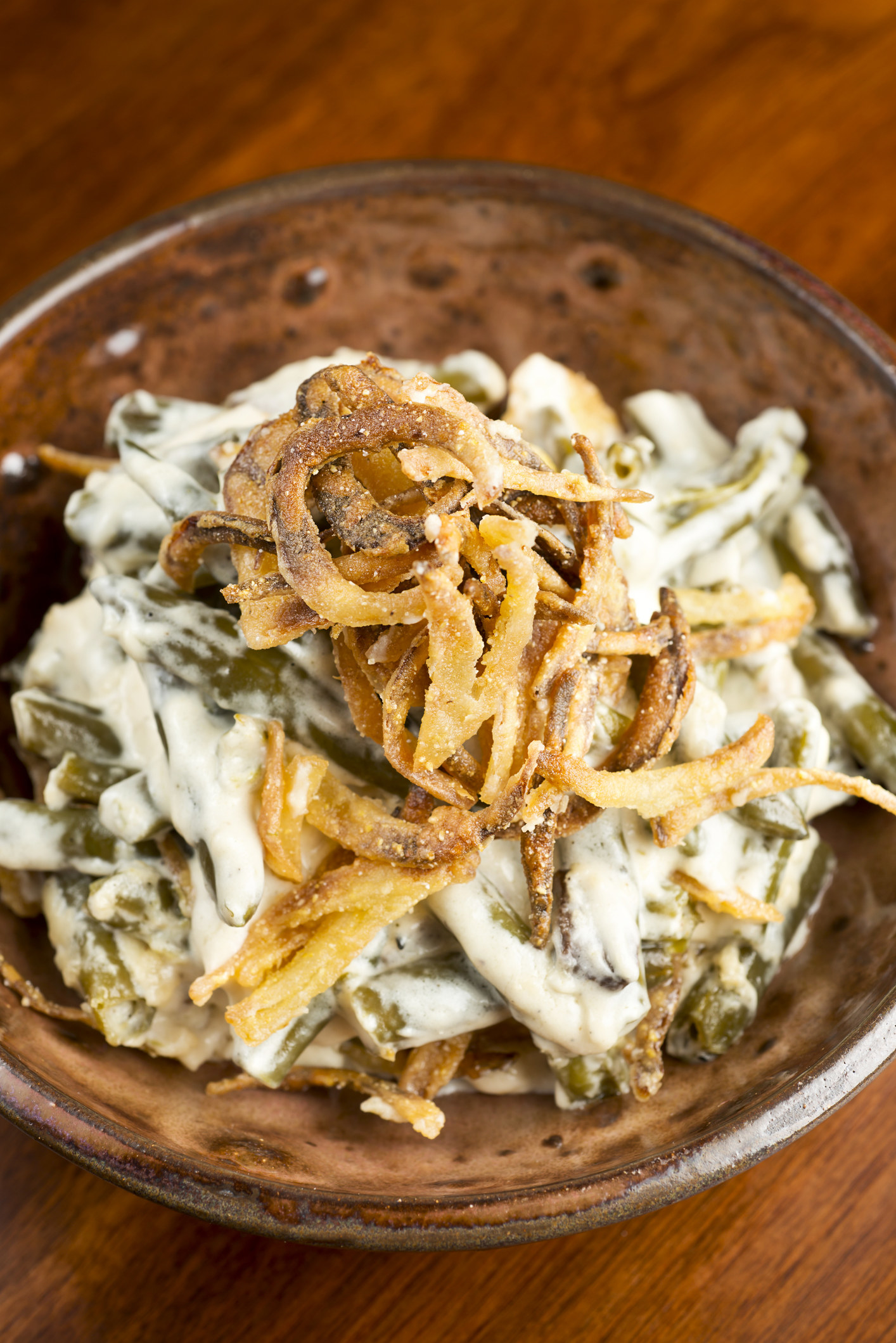 Green bean casserole with fried onions.