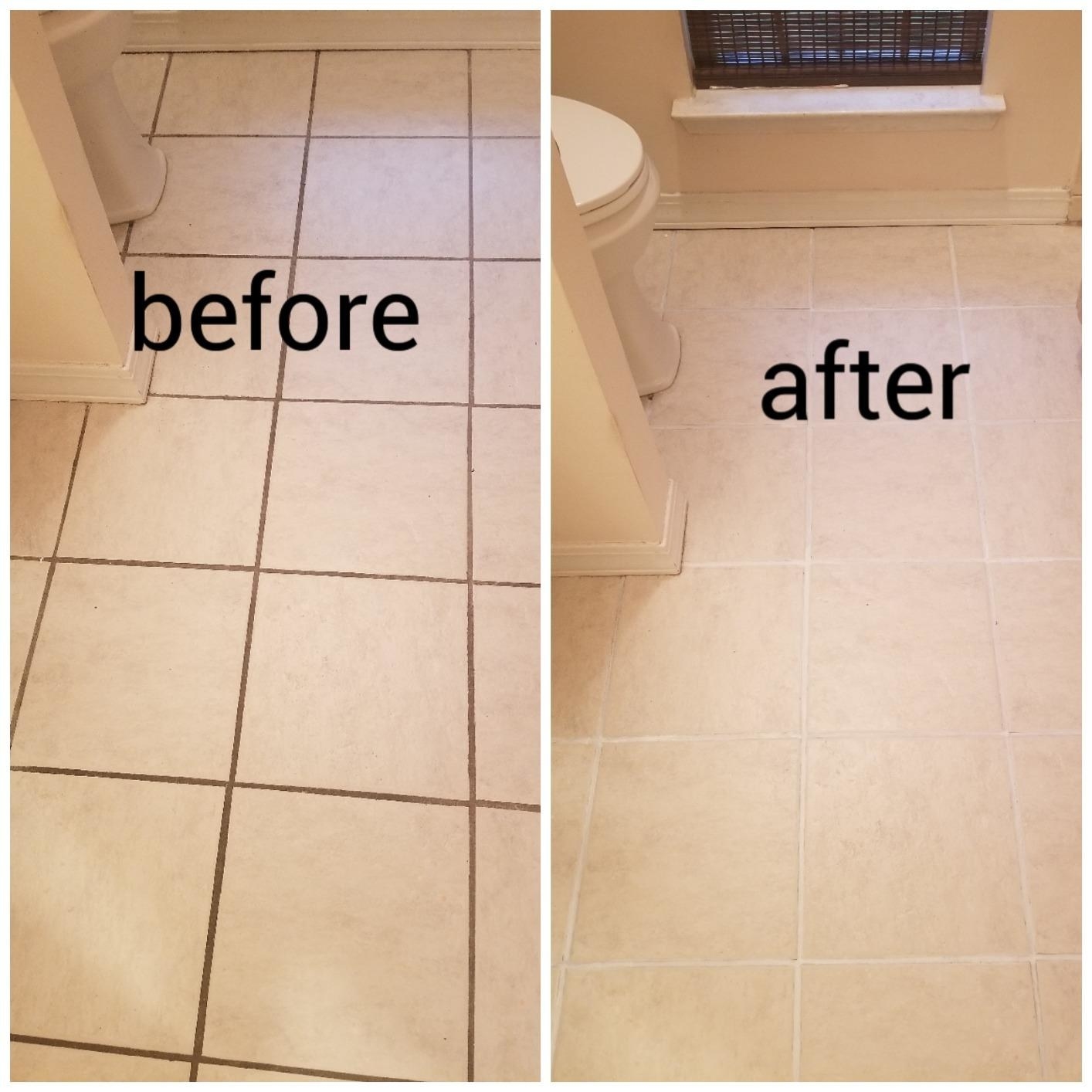 Reviewer&#x27;s stained grout in a before photo; the same reviewer&#x27;s grout after using the pen