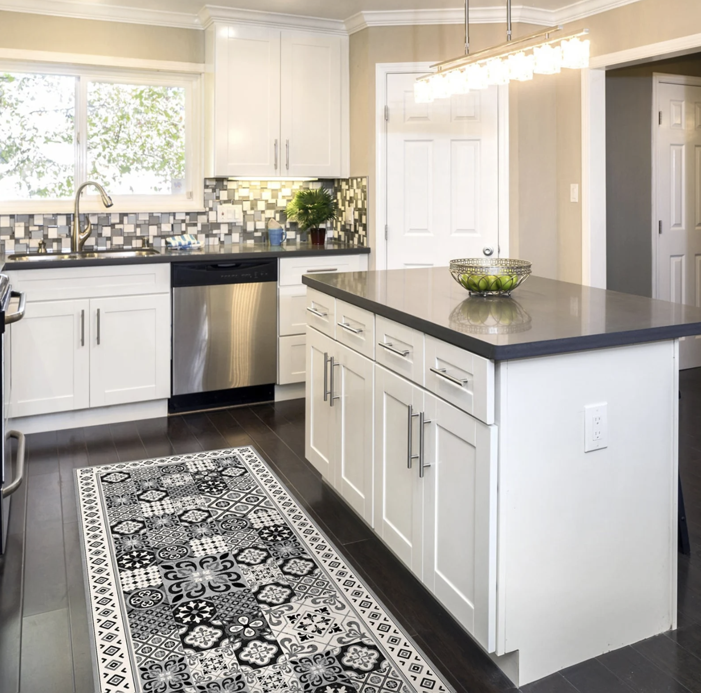 A gray vinyl mat with a printed tile design is shown on the floor of a kitchen