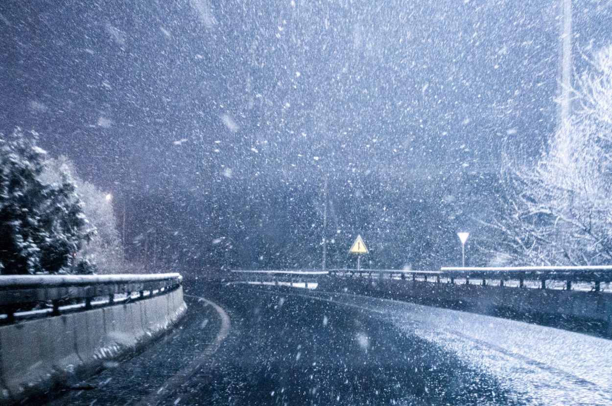 motorway on a very snowy night